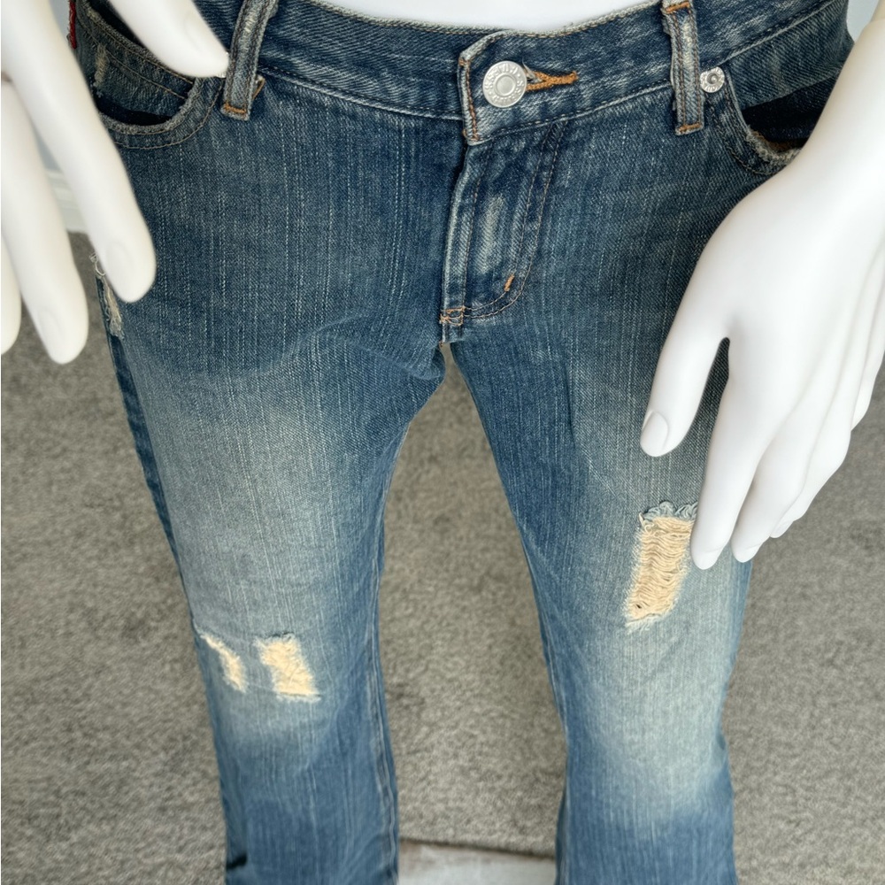 UofM Shirt and Flare Blue Wide Leg Jeans with Distressed Accents - Picture 2 of 6